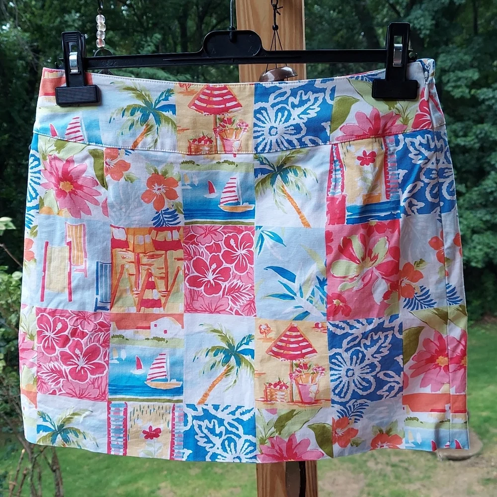 Talbots Tropical Hawaiian Palm Tree Patchwork Straight mini Skirt Sz 8